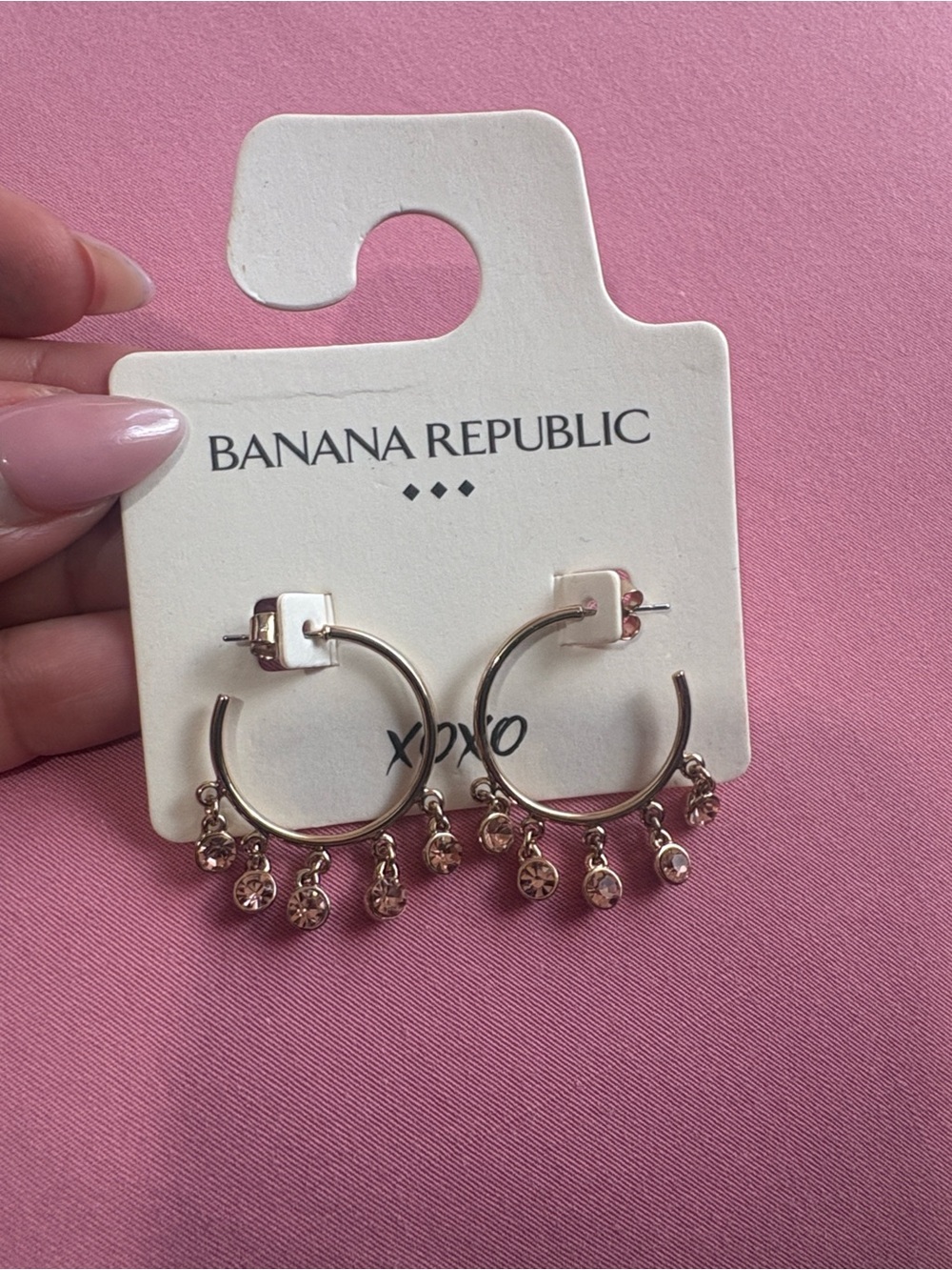 Banana Republic Gold Hoop Earrings with Dangling Pink Crystal Charms